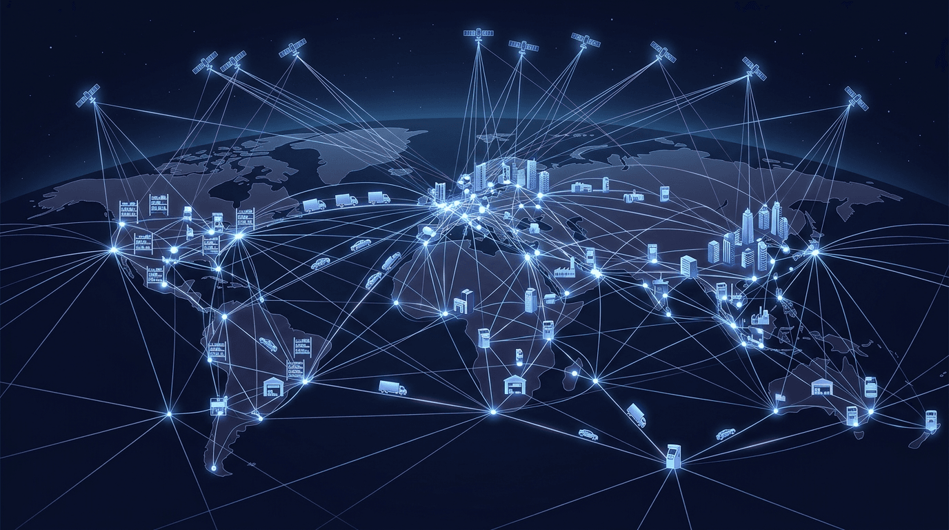 Diagram showing connected assets in the machine economy - vending machines, cold storage, warehouse shelves, and vehicles as discoverable economic endpoints.