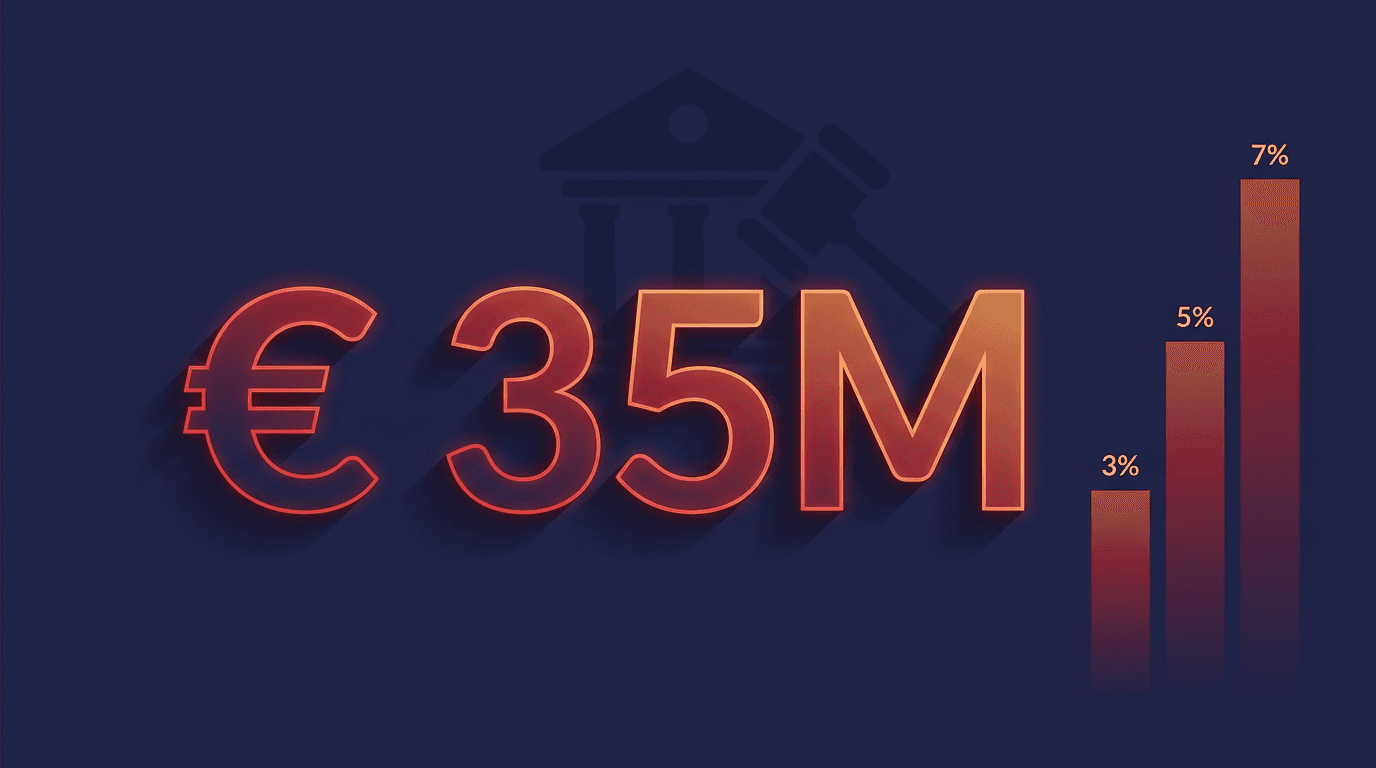 EU AI Act tiered penalty regime - EUR 15 million or 3% for transparency violations, scaling up to EUR 35 million or 7% for prohibited practices.