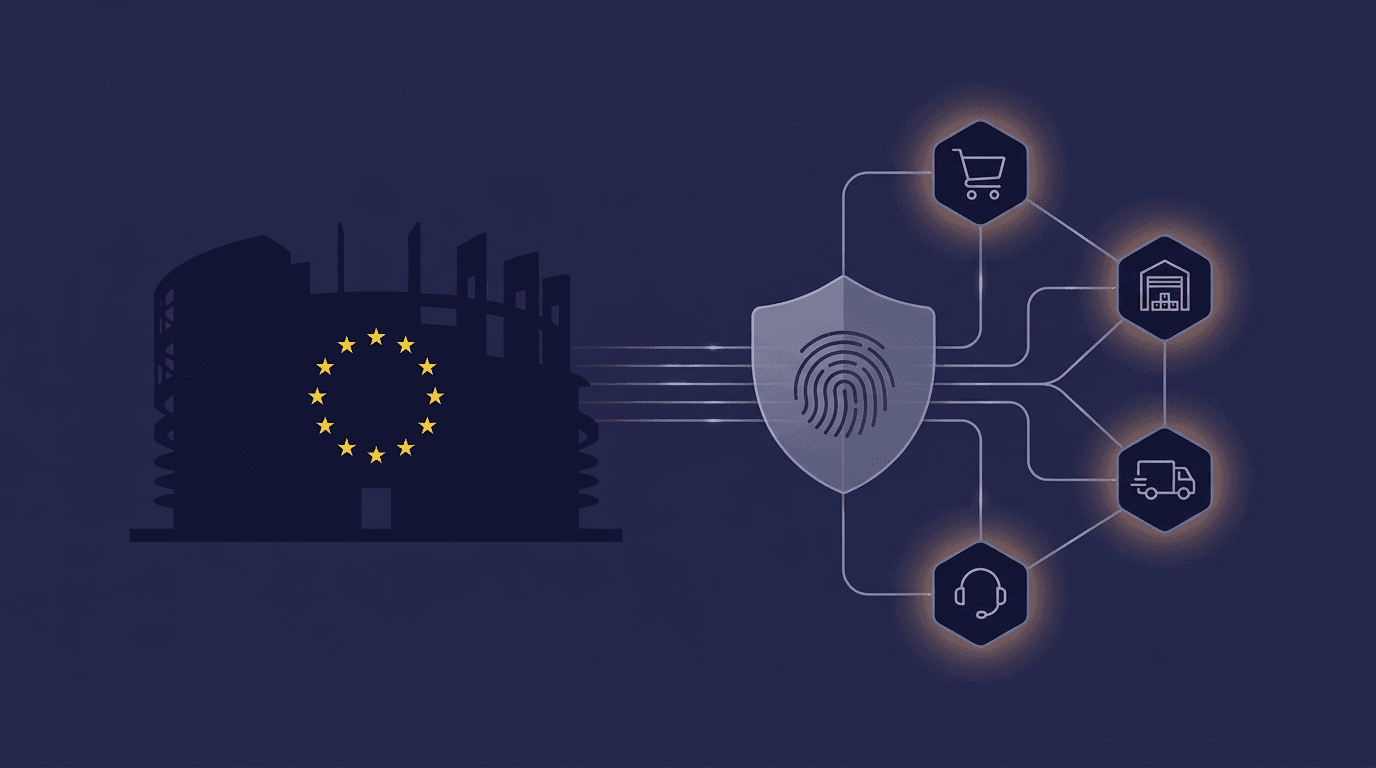 EU Parliament connected to a network of retail AI agent nodes through a transparency shield with fingerprint verification - representing Article 50 obligations across agentic commerce.