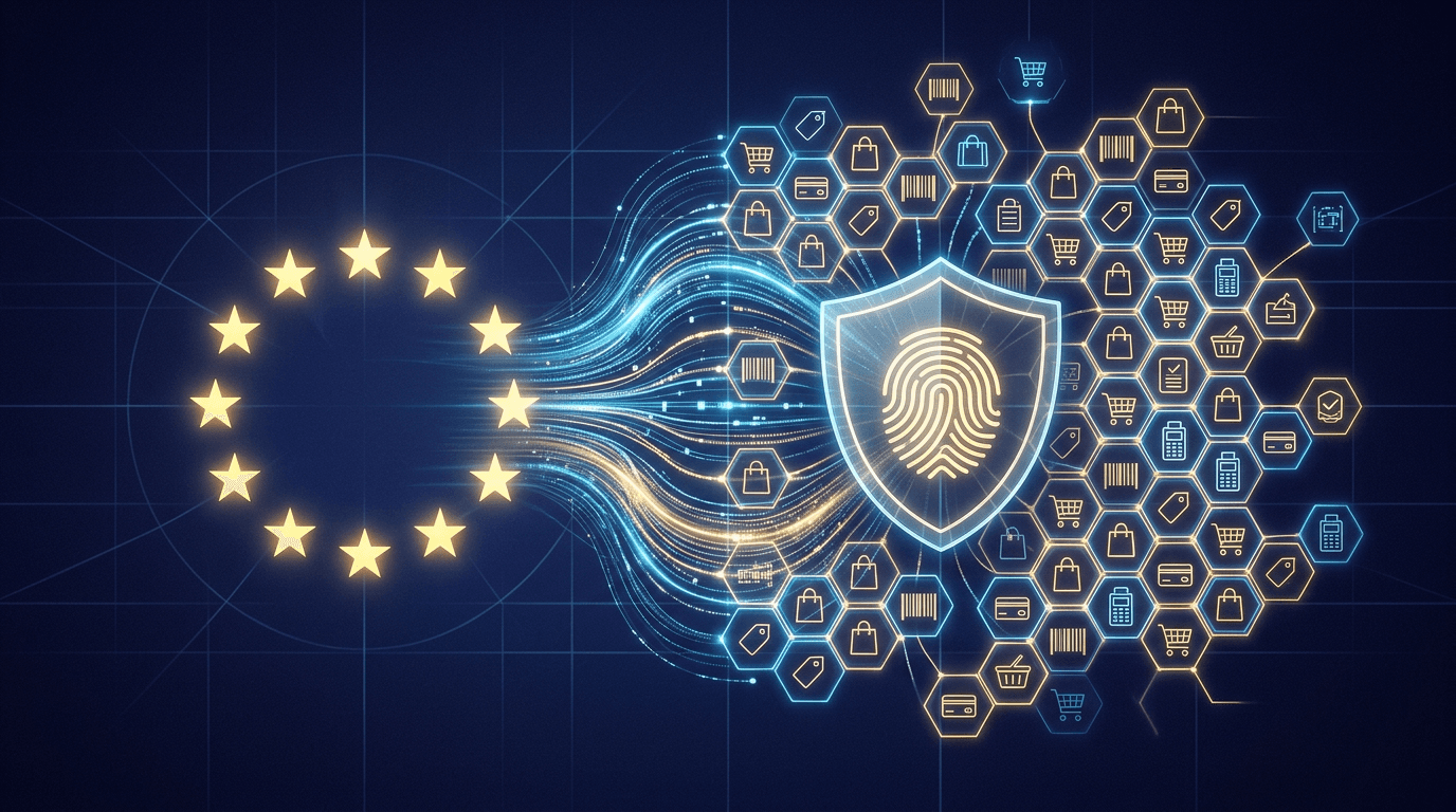 EU flag overlaid with AI agent identity verification symbols representing regulatory compliance